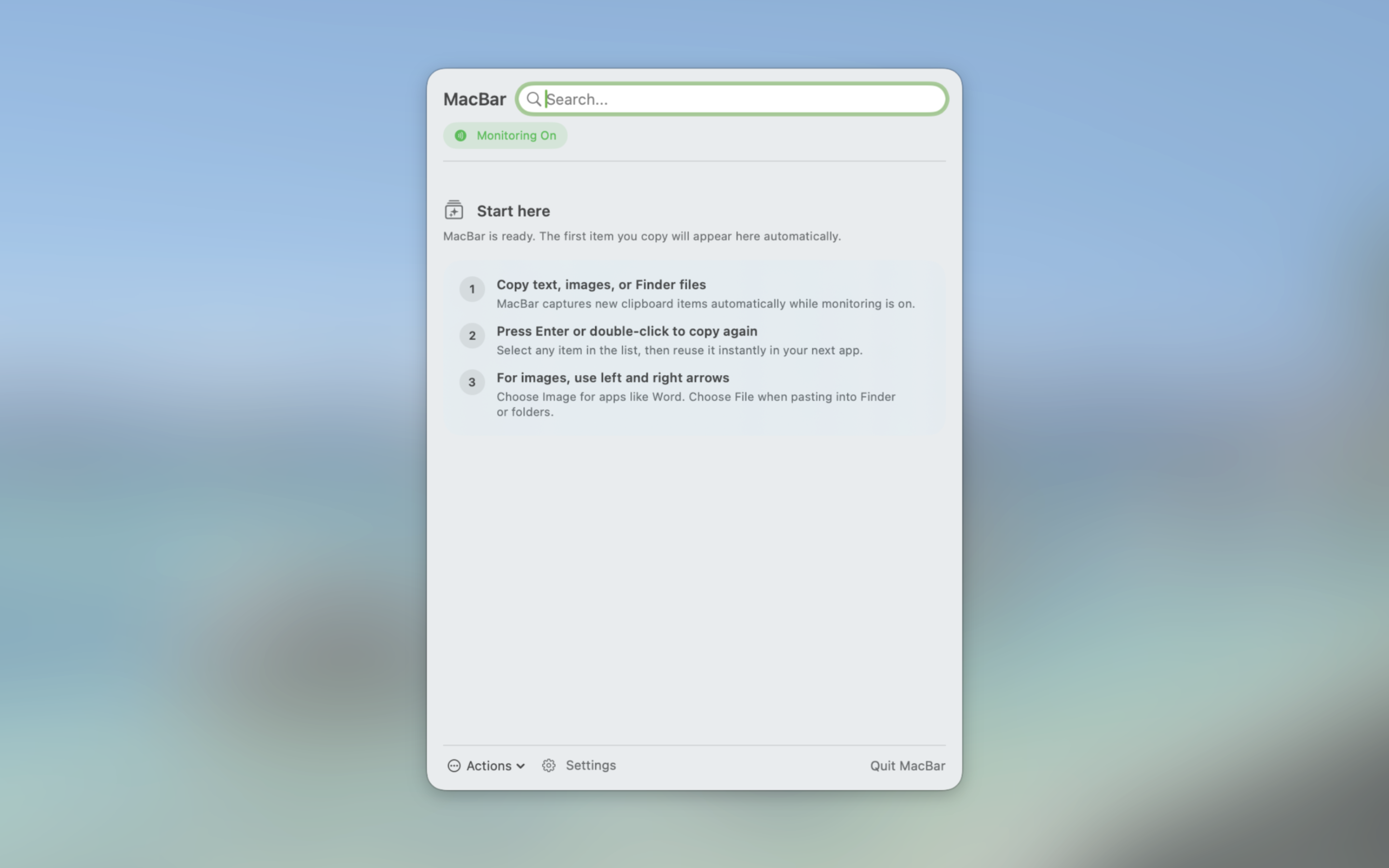 MacBar onboarding empty state screenshot